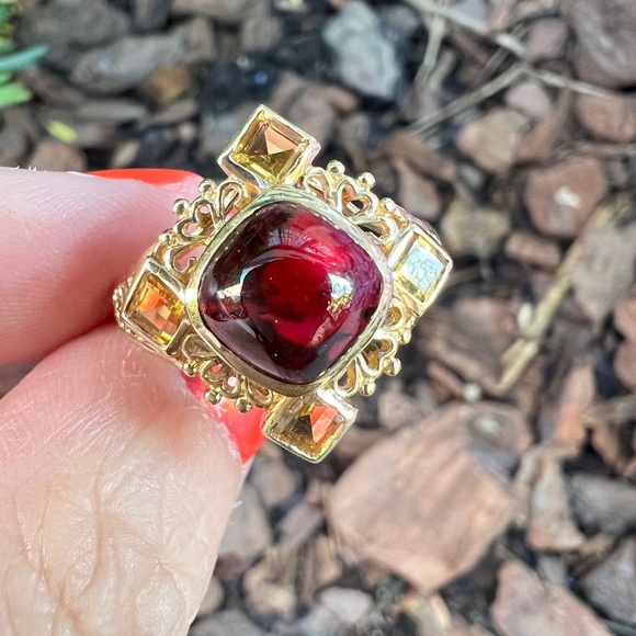 10K YELLOW GOLD CABOCHON GARNET AND CITRINE RING DESIGNER LOOK STATEMENT PIECE